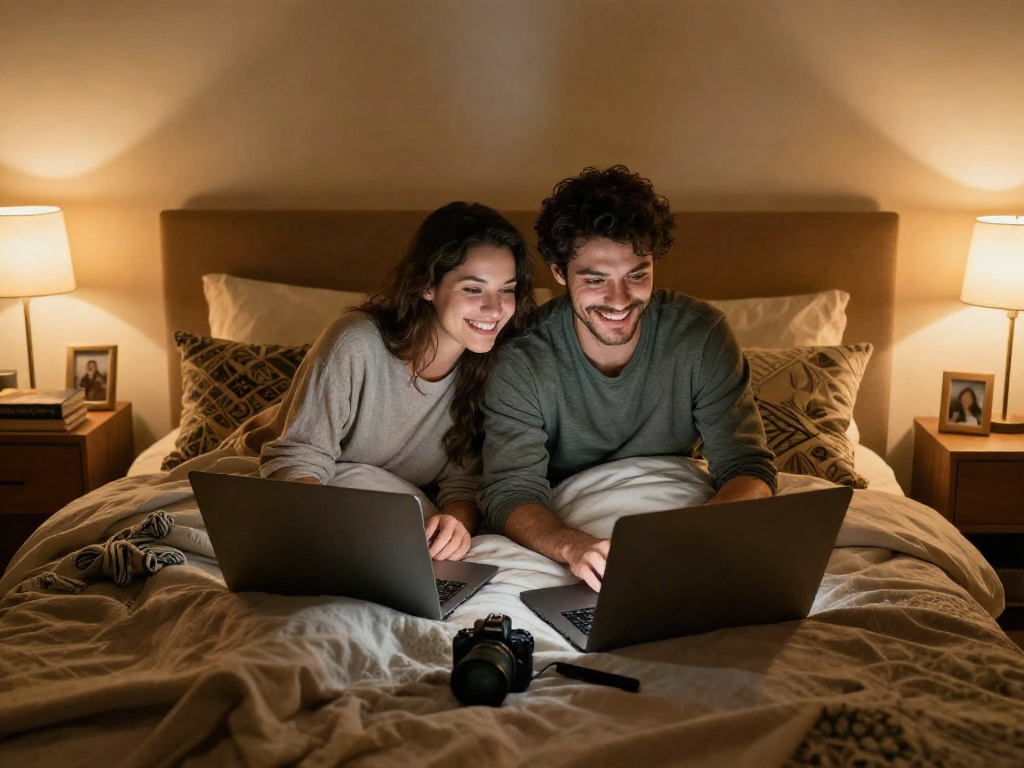 Couples engaging in ai sex chat on laptops in a cozy setting with warm lighting.