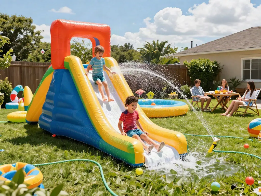 Children enjoying a slip and slide in a sunny backyard setting, surrounded by inflatable toys and laughter.