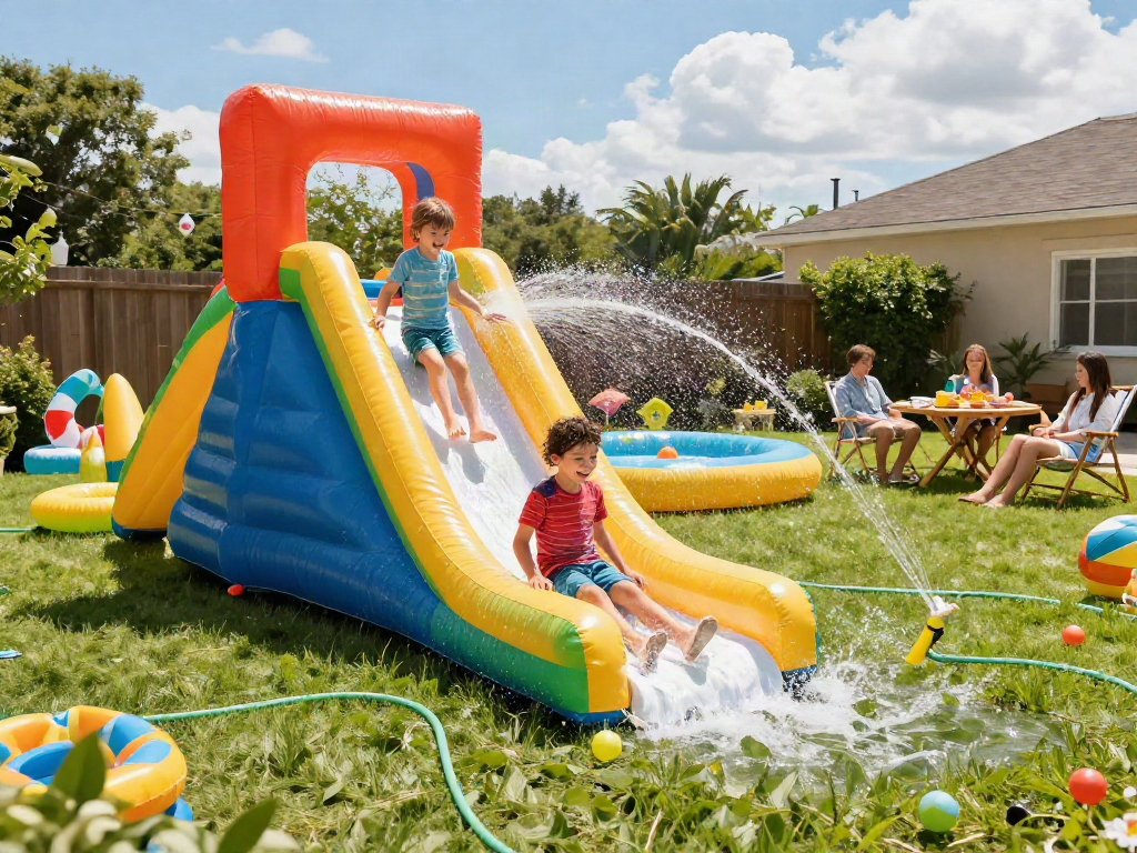 Children enjoying a slip and slide in a sunny backyard setting, surrounded by inflatable toys and laughter.