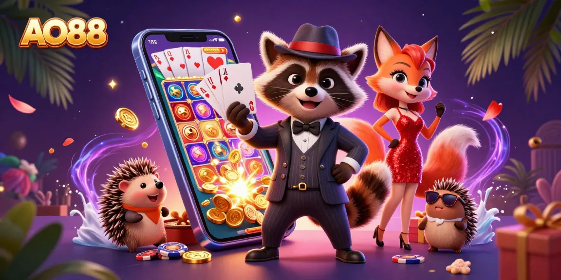 Experience thrilling wins at AO88 with a dazzling casino scene featuring engaging characters, vibrant games, and dynamic gambling elements.