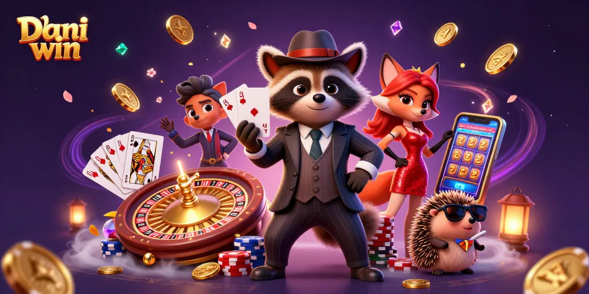 Dive into the excitement of Dhani win with a charming raccoon and friends enjoying spectacular casino games.