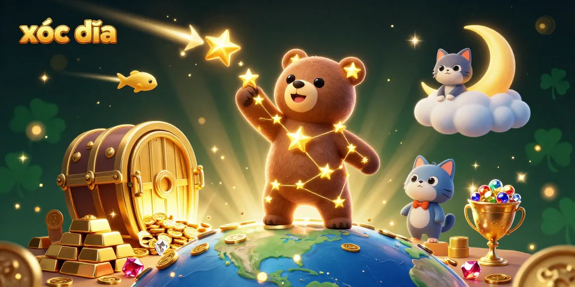 Xóc đĩa encapsulates the thrill of winning with vibrant gems and golden treasures cascading from the celestial bear's grasp.