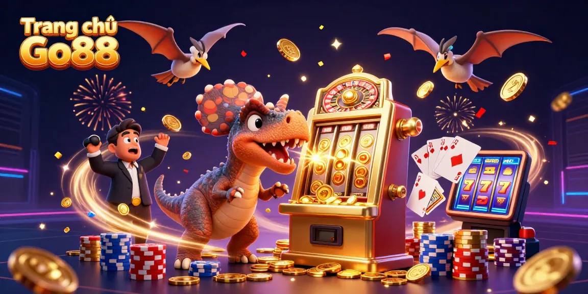 Win big on Trang chủ Go88 as the cartoon dinosaurs interact with casino elements in a chaotic jackpot scene.