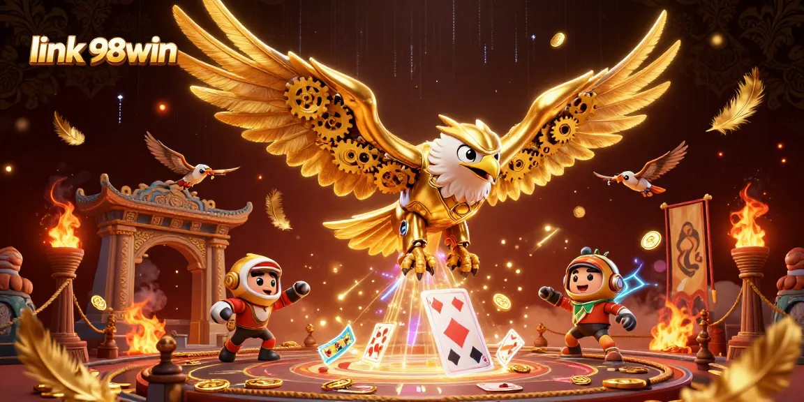 Immerse yourself in the excitement of link 98win as a cybernetic eagle soars through a vivid casino landscape.