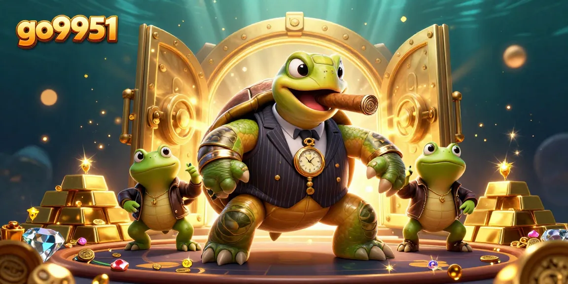 Experience the excitement of go9951 with a vibrant casino scene featuring a charming turtle and bullfrog enforcers.