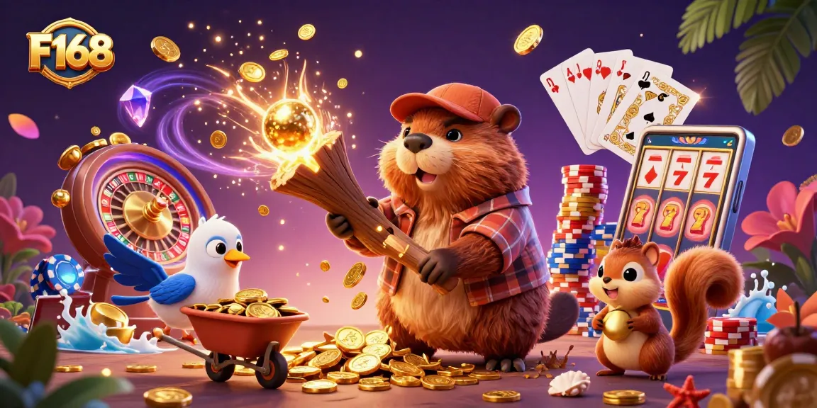 A cartoon beaver character from F168 collecting golden coins with a bird and squirrel in a lively casino scene