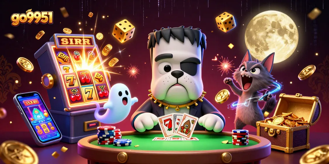 Experience thrilling gameplay at go9951, featuring a lively scene of a Frankenstein bulldog dealing cards amidst colorful slots and ghostly elements.